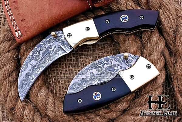 Brand New Custom Handmade Damascus 100 mm Long Buffalo Horn Handle Hunting Folding Pocket Hawkbill Karambit Knife