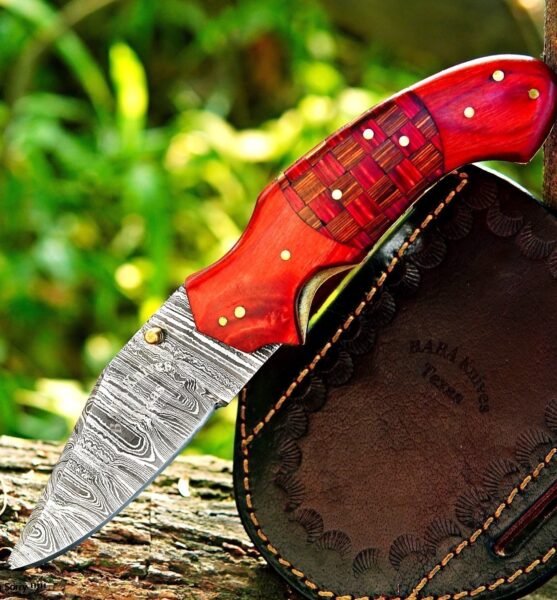 Premium Handmade Damascus Steel Folding Knife with Engraved Wooden Handle and Leather Sheath – Hunting, Camping & Outdoor Pocket Knife