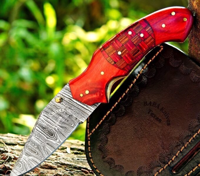 Premium Handmade Damascus Steel Folding Knife with Engraved Wooden Handle and Leather Sheath – Hunting, Camping & Outdoor Pocket Knife
